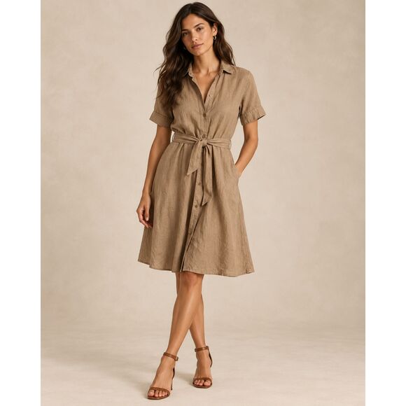 Lauren Ralph Lauren Black Label Dresses & Skirts - Lauren Ralph Lauren Black Label 100% Linen Shirt Dress Size 4 Tan Tie Waist